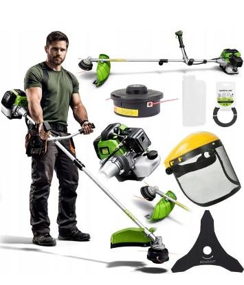 The complete 5-in-1 petrol brushcutter kit — power unit, attachments, blades, visor and accessories