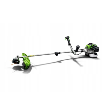 The assembled petrol brushcutter with curved shaft and nylon line head