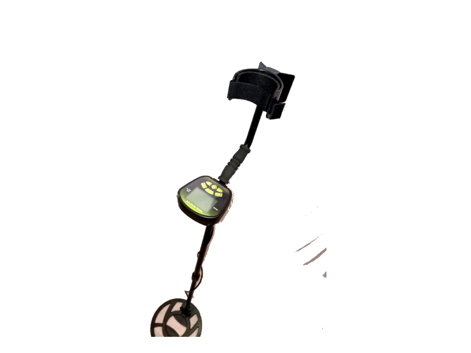 The assembled metal detector with its armrest, control box and search coil