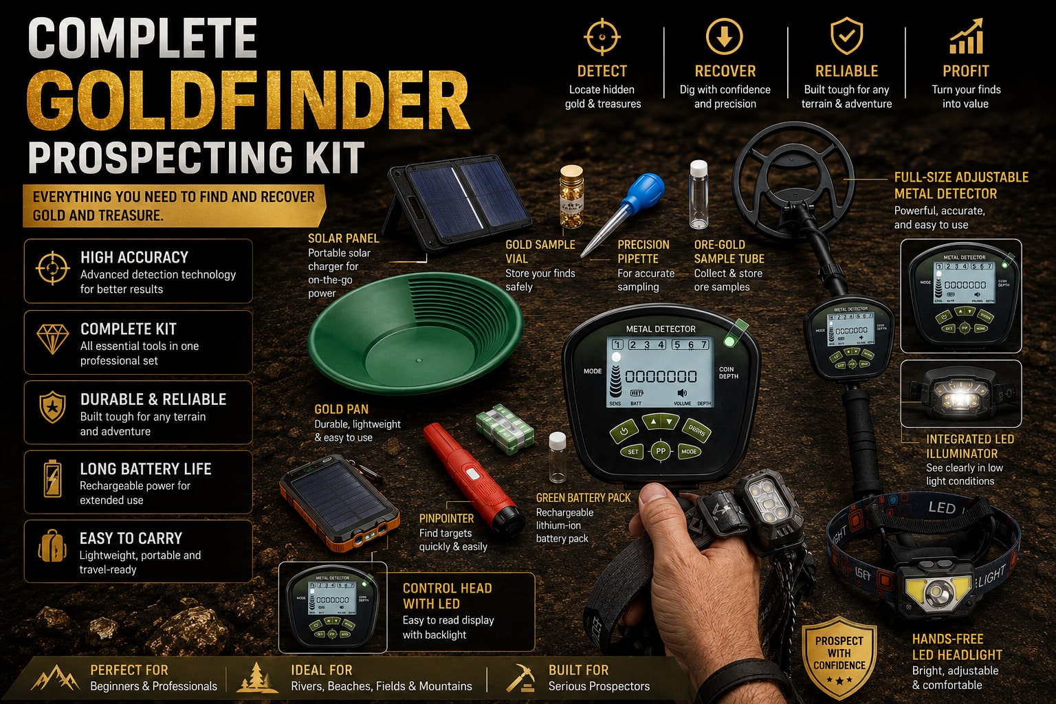 Complete gold prospecting kit laid out — detector, gold pan, pinpointer, solar panel and tools
