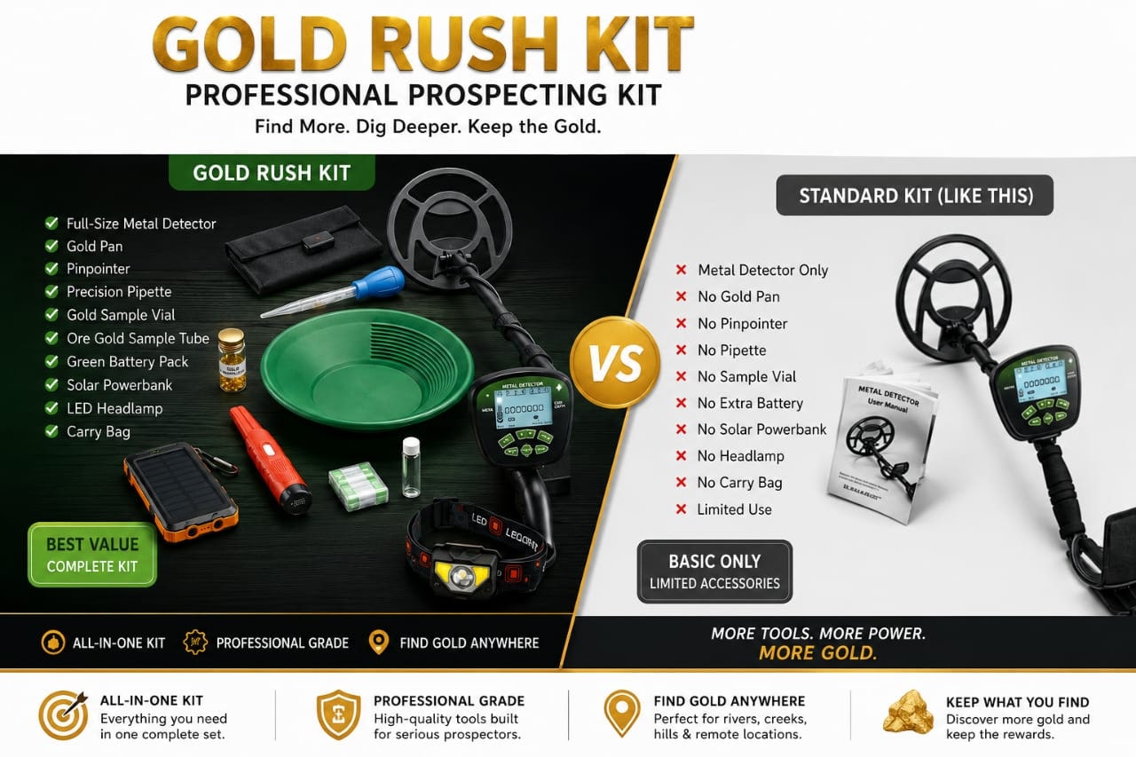 The Gold Rush kit compared with a standard metal-detector-only package — the kit adds a gold pan, pinpointer, pipette, sample vial and tube, spare battery, solar power bank, headlamp and carry bag