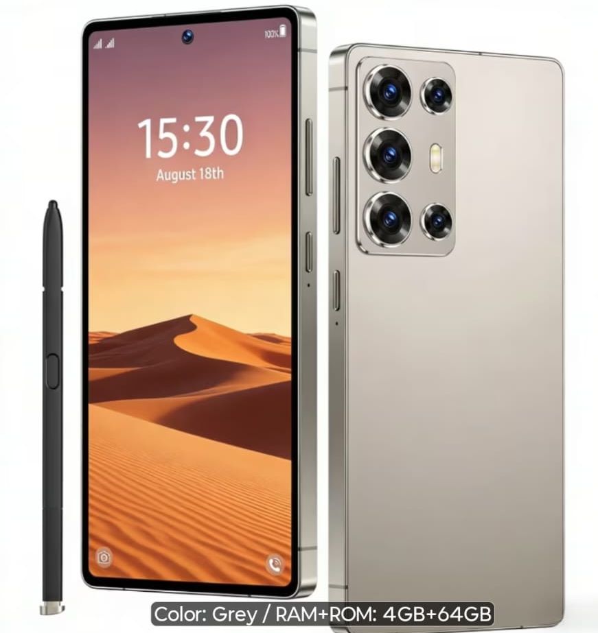 The grey stylus smartphone shown front and back, with its stylus alongside — four rear cameras and a full-screen display