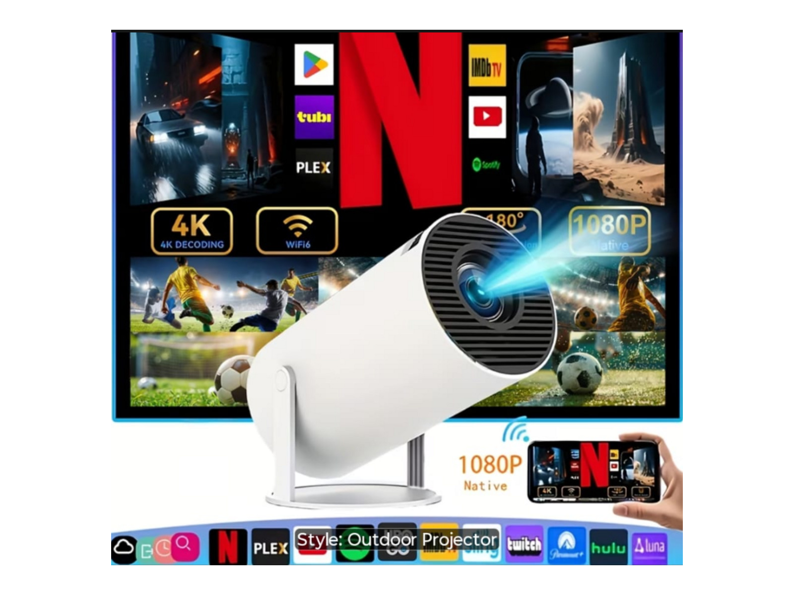 Indoor/outdoor smart projector with streaming apps and 4K / 1080p features