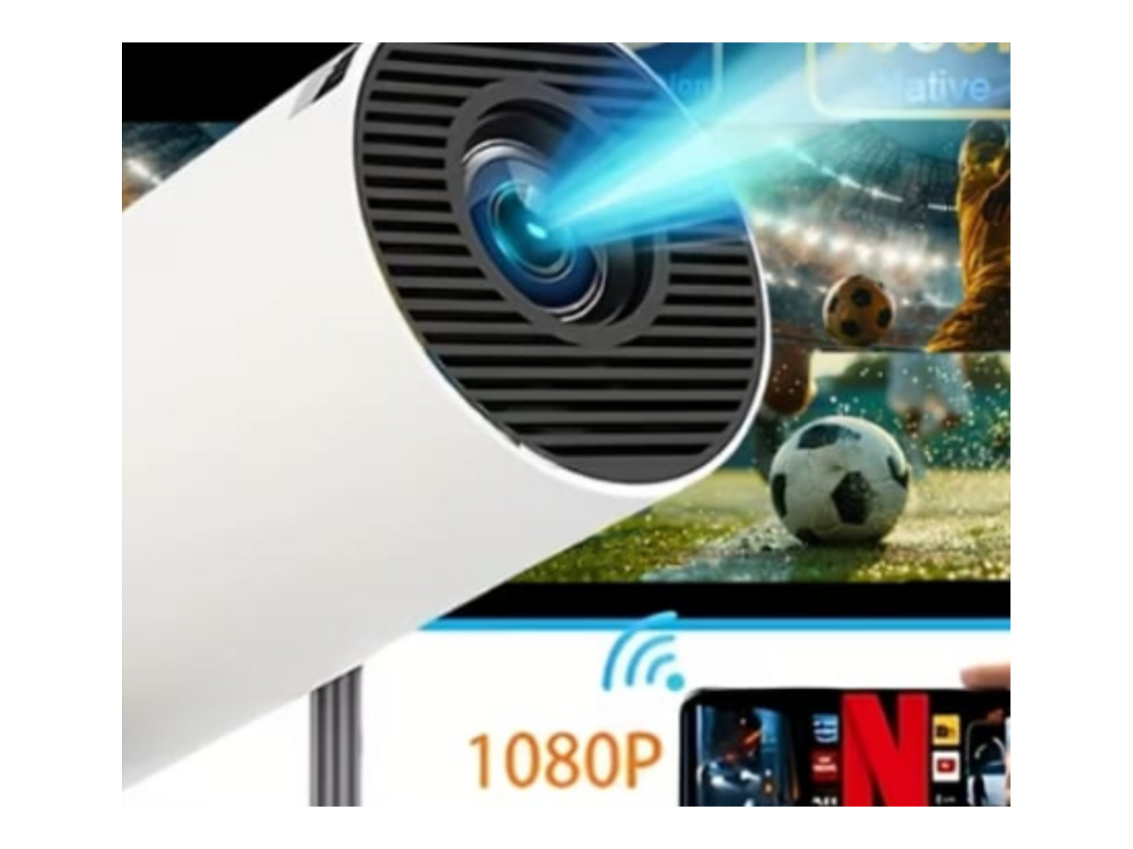 Close-up of the projector unit casting a bright picture from its rotating base