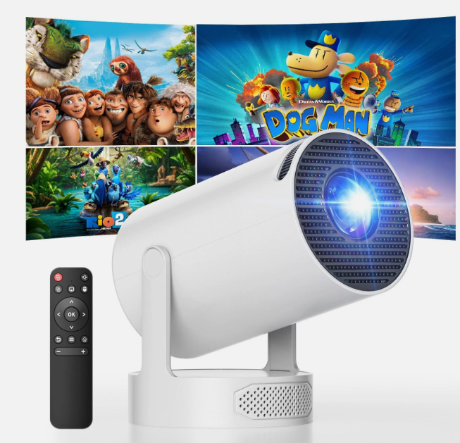 Indoor/outdoor smart projector casting a bright picture for a film night