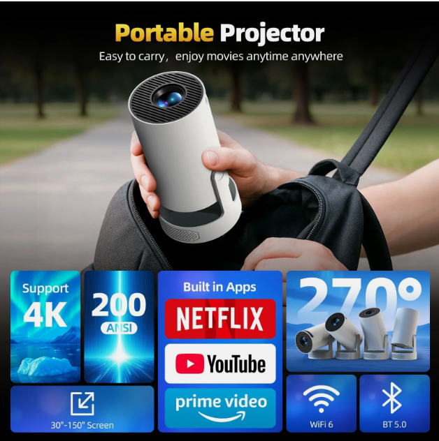 Portable smart projector with built-in streaming apps and 4K support